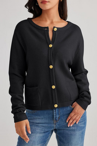 Damen-Strickjacke mit Rundhalsausschnitt, Knöpfen und Taschen – Sorelia