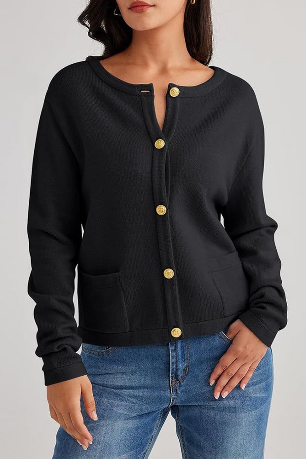 Damen-Strickjacke mit Rundhalsausschnitt, Knöpfen und Taschen – Sorelia