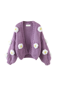 Damen-Strickjacke aus grobem Strick mit Blumenapplikationen und Puffärmeln – Mulinne