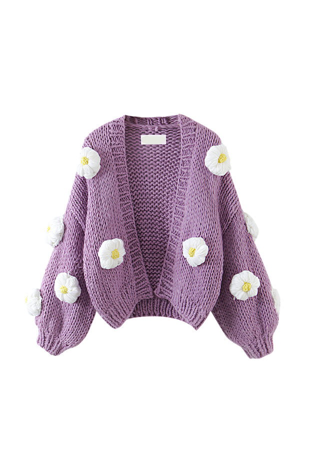Damen-Strickjacke aus grobem Strick mit Blumenapplikationen und Puffärmeln – Mulinne