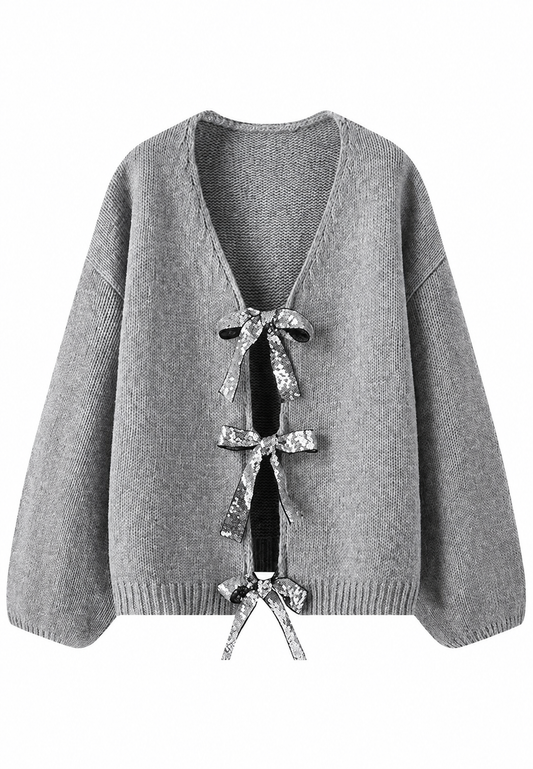 Damen-Strickjacke mit glitzernden Schleifen und V-Ausschnitt – Coronas