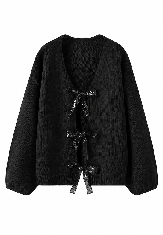 Damen-Strickjacke mit glitzernden Schleifen und V-Ausschnitt – Coronas