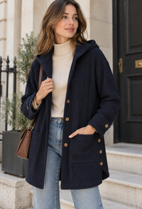 Lange Cordjacke für Damen mit Kapuze und Knopfleiste – Coralie