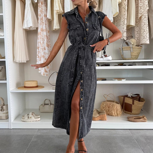 Damen Midikleid Denim ärmellos mit Knöpfen und Gürtel - Estelle