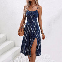 Midikleid mit roten Tupfen-Trägern und Schlitz - Fiorella