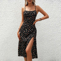 Midikleid mit roten Tupfen-Trägern und Schlitz - Fiorella