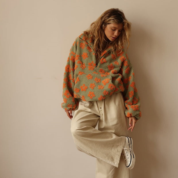 Fleece Pullover Bloom kuschelig warmes Sherpa Innenfutter Boho Stil für kalte Tage - Daisy