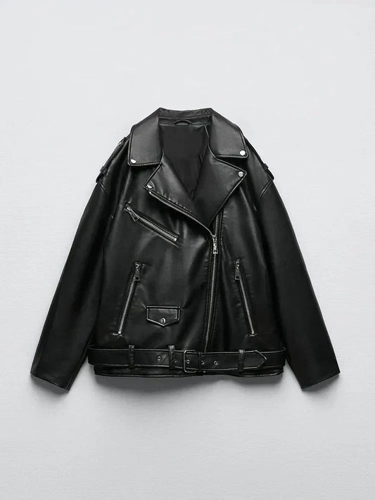 PU-Kunstlederjacke mit Gürtel und Reißverschluss