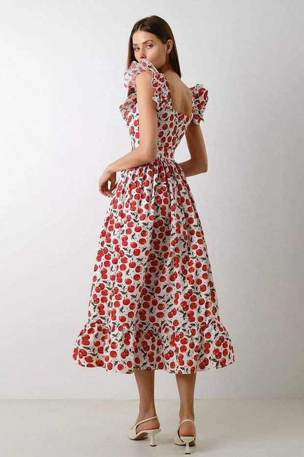 Griselda - Midikleid mit Kirschenprint und Rüschen