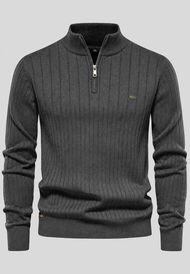 Herrenpullover mit halbem Reißverschluss, Rollkragen und Rippstrick – Mikkel