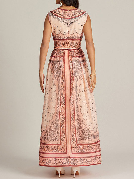 Cora - Vintage Bedrucktes Ärmelloses Langes Kleid mit tiefem V-Ausschnitt