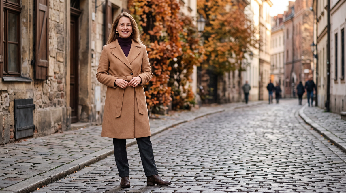 Damenmode für den Herbst – Frau im Camel-Mantel in der Altstadt