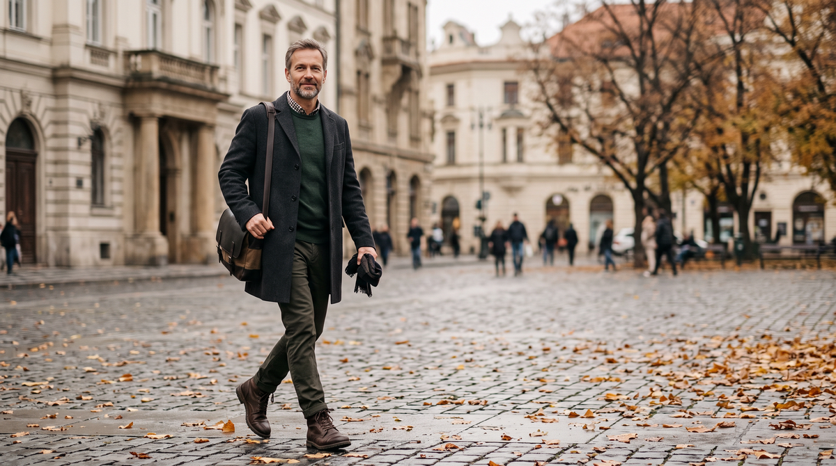 Herrenmode für den Herbst – Mann im dunklen Wollmantel auf einem Stadtplatz