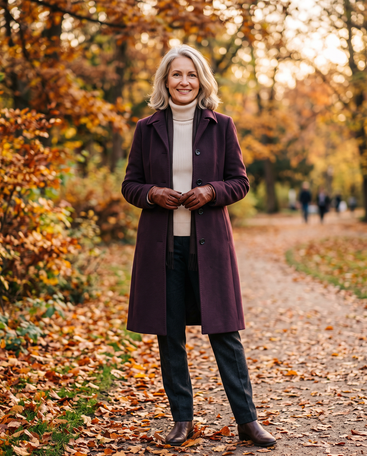 Mäntel und Jacken für Damen – Frau im auberginefarbenen Wollmantel im Herbstpark