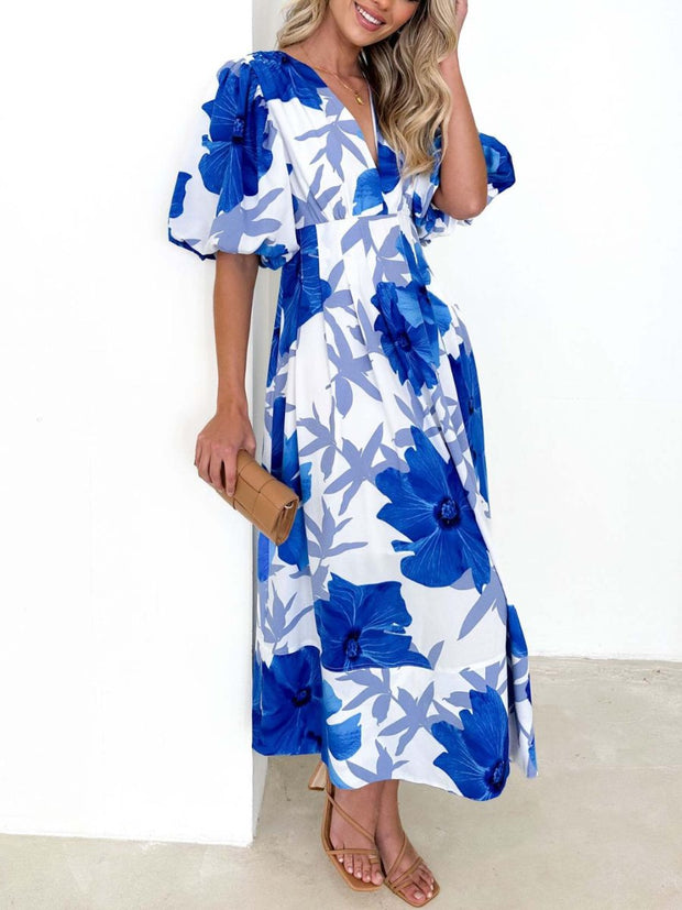 Kara - Elegantes Maxikleid mit Puffärmeln und Blumenmuster in A-Linie